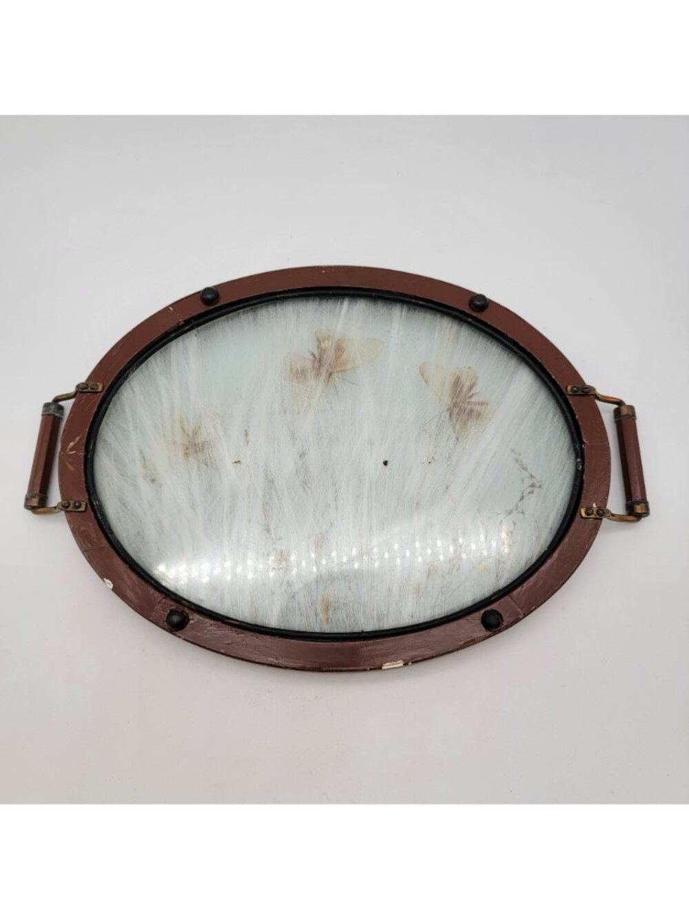 Antique Victorian Pressed Flowers & Butterflies Oval Wood Serving Tray w/ Glass - Picture 3 of 6